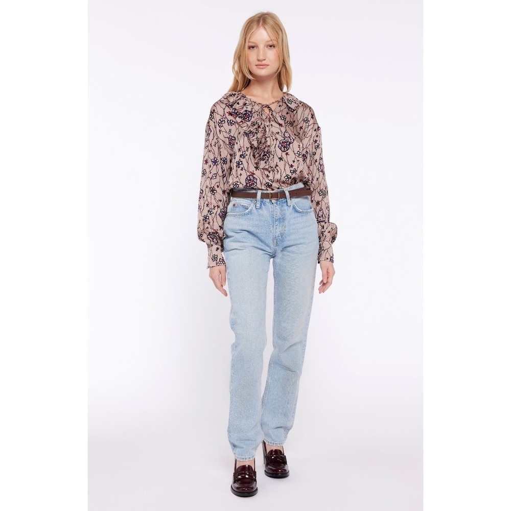 Joie Rainie Floral Ruffle Tie Neck Blouse Natural Multi T0211A0065 Large NWT